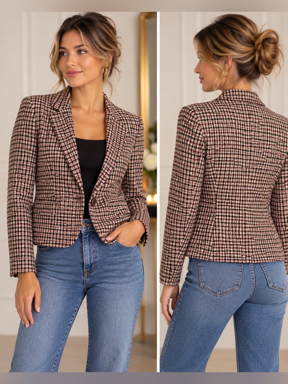 b.young Checkered Blazer in Brown & Pink Size 34=XS NWT